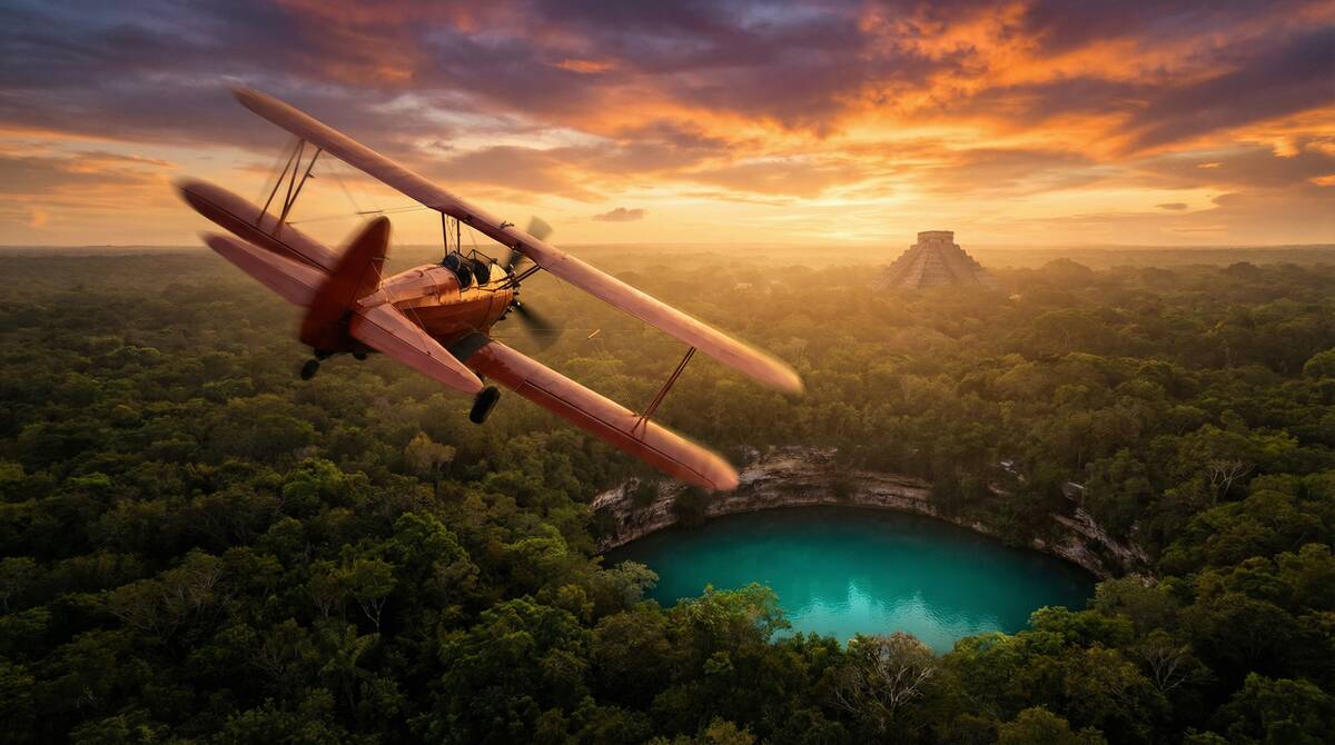 Aviator en NetBet Casinos - Avión volando sobre cenotes de Yucatán