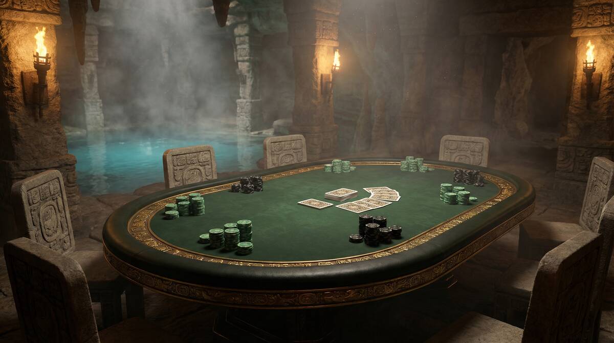 Mesa de póker en NetBet Casinos con ambiente de cenote maya
