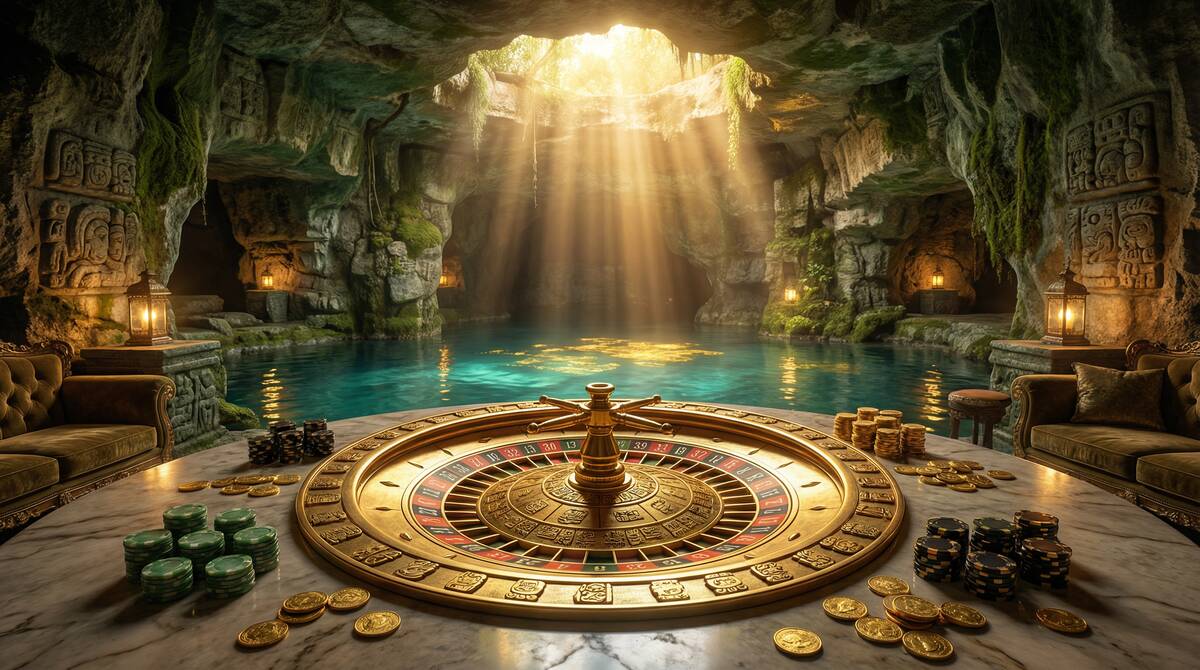 Ruleta dorada en NetBet Casinos con ambiente de cenote maya